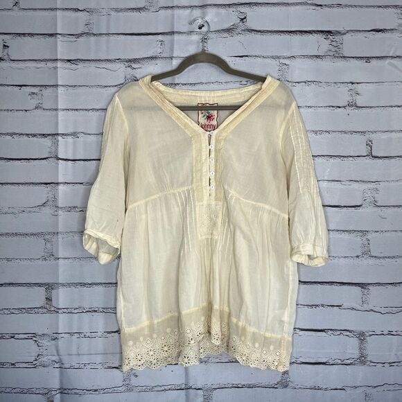 Johnny Was Cream Cuffed Sleeve Pleated Blouse SZ M Ribbed Luxury CottageCore Y2K - Picture 1 of 14